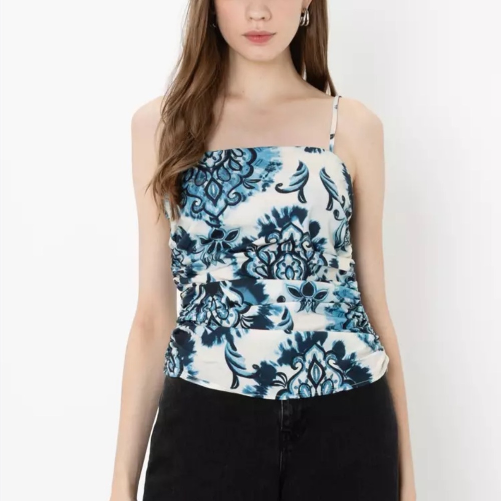 NWT Zara Floral Blue and White Sleeveless Top Gathered Ruched Tank Top XS